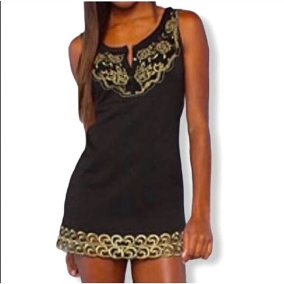 Free People ‎ Black Gold Button Embroidered Front Fit Flare Sheath Dress Size 8 - Picture 1 of 7